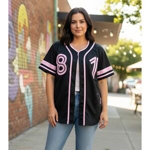Alexandra Collection Black Pink 81 Baseball Jersey Shirt Button Down Women's S‎